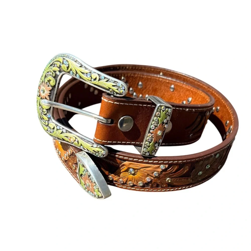 Womens‎ Floral Tooled Leather Western Belt Brown Rhinestone embossed L